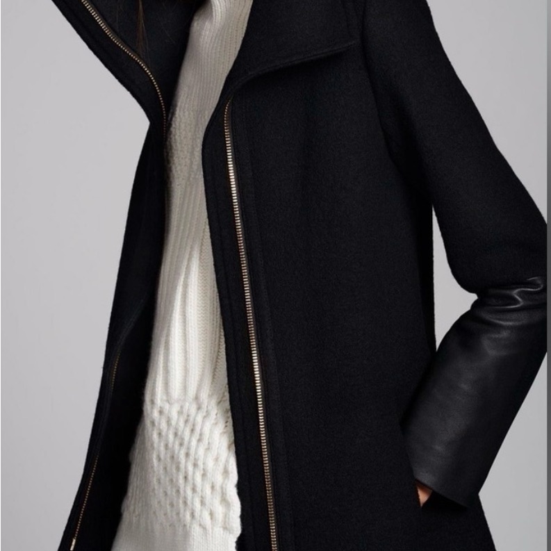 Club Monaco Black Wool Trench Coat With Leather Sleeves